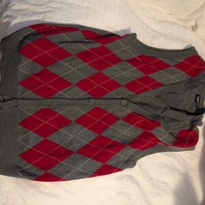 Carbon Gray and Red Argyle Cardigan Sweater